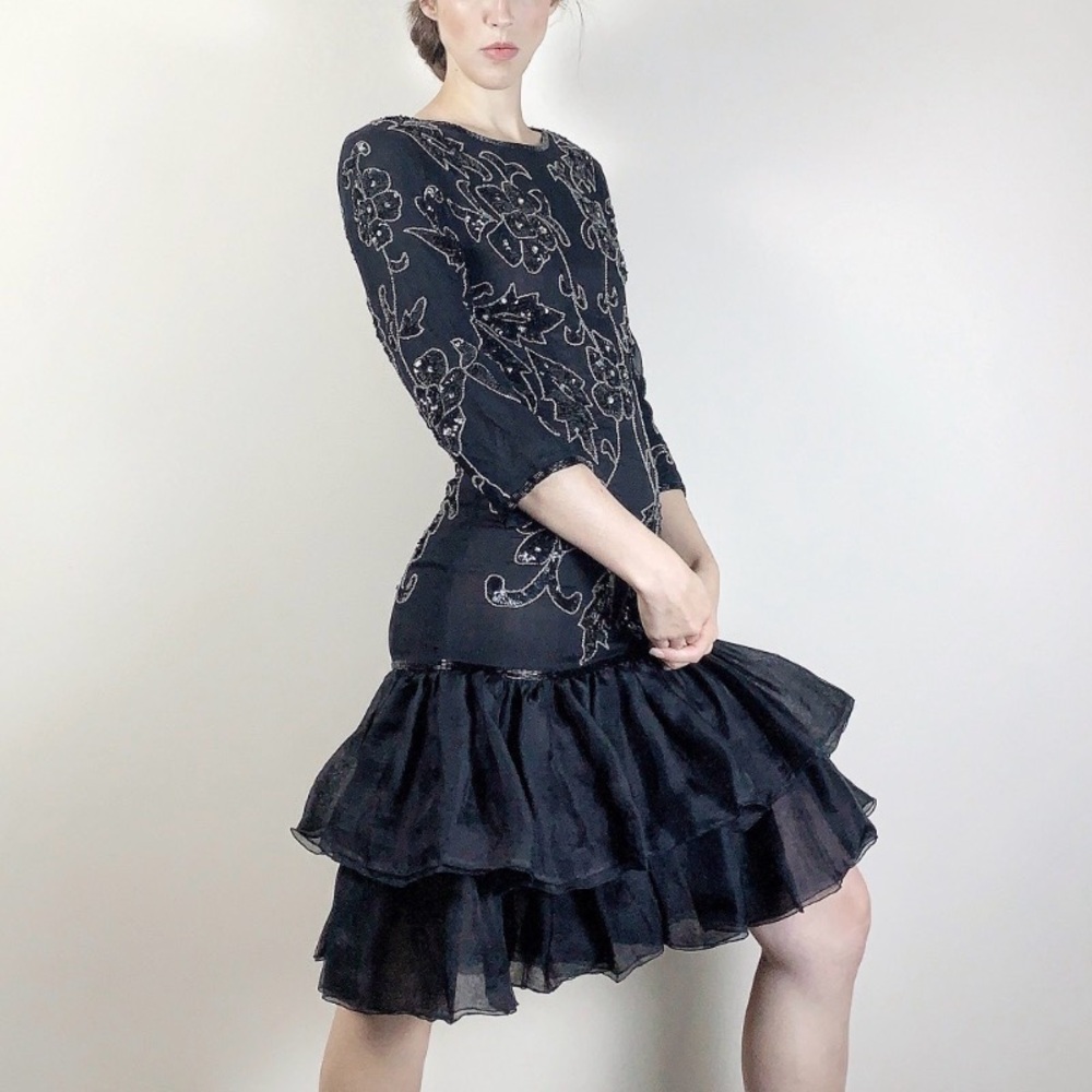Vintage Black Beaded, Silk, 3/4-Sleeve, Drop Waist, Ruffle Dress